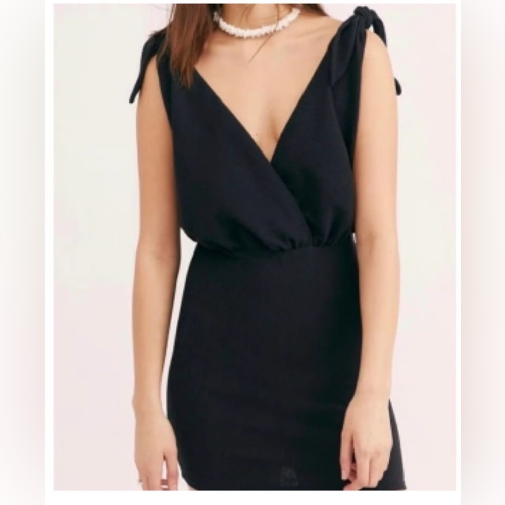 Free People Black Ribbed V-Neck Midi Dress with Tie Shoulders